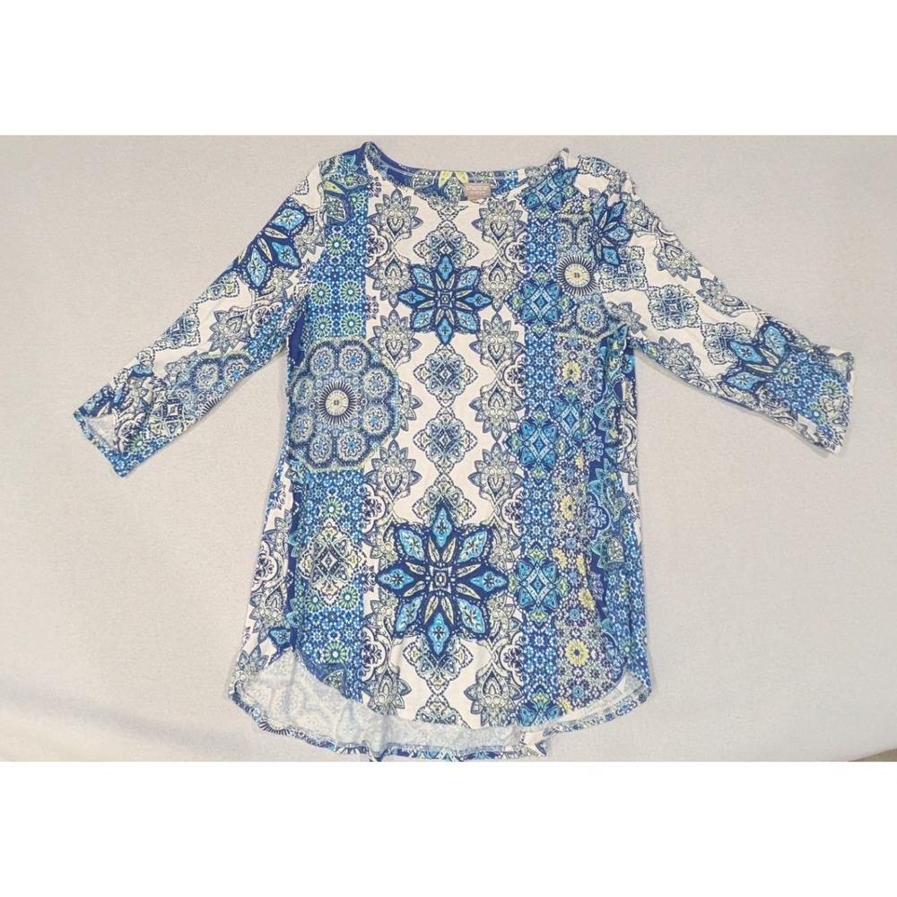 Chico's Zenergy Top Women 1P Blue Medallion Tile 3/4 Sleeve Excellent Tunic